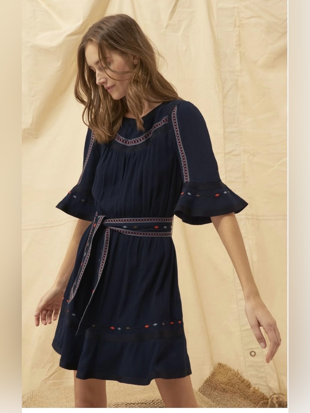 ba&sh Navy Embroidered Belted Mini Dress